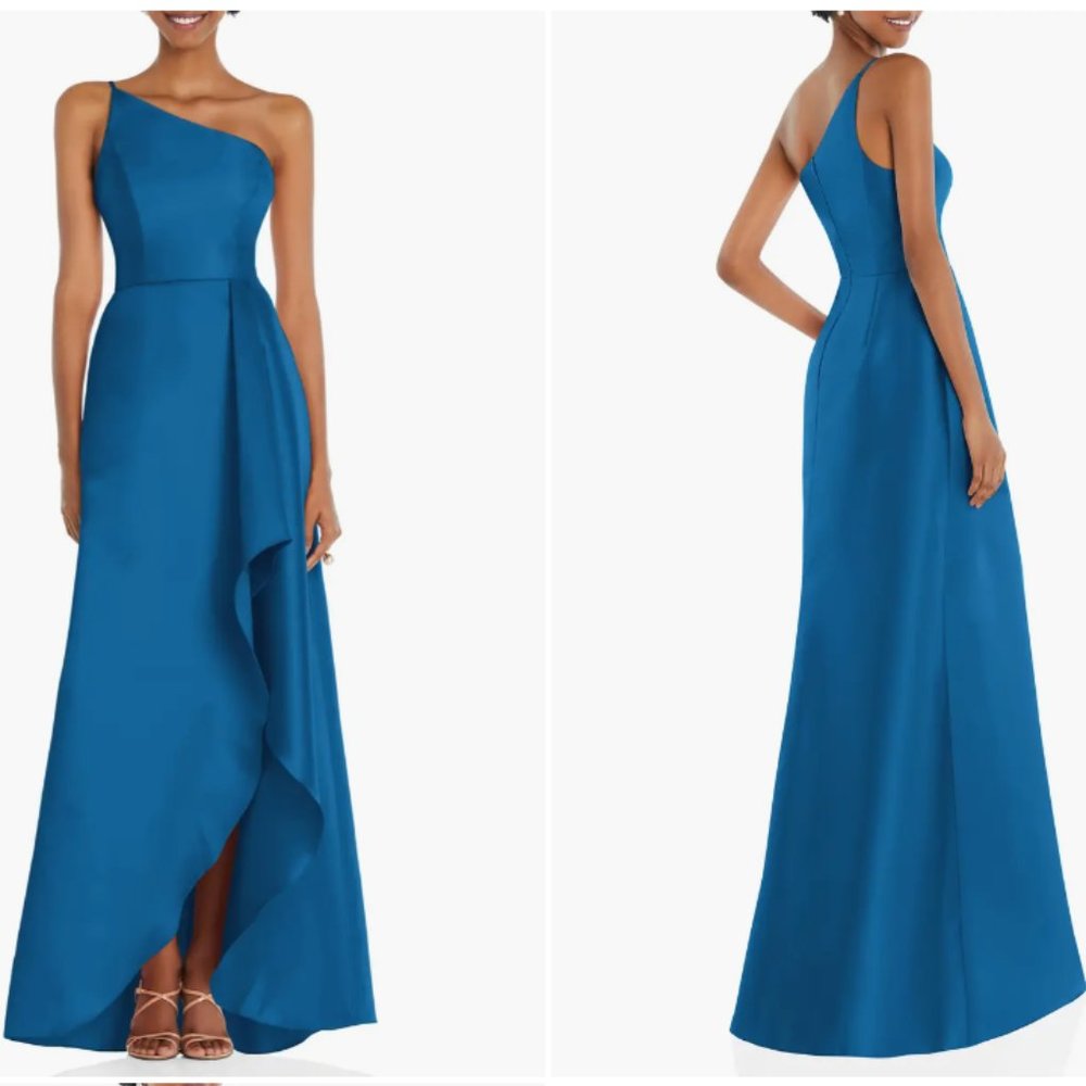 ALFRED SUNG D831 STRAPLESS SATIN CLASSIC BLUE X500 HIGH LOW HEM DRESS sz 6